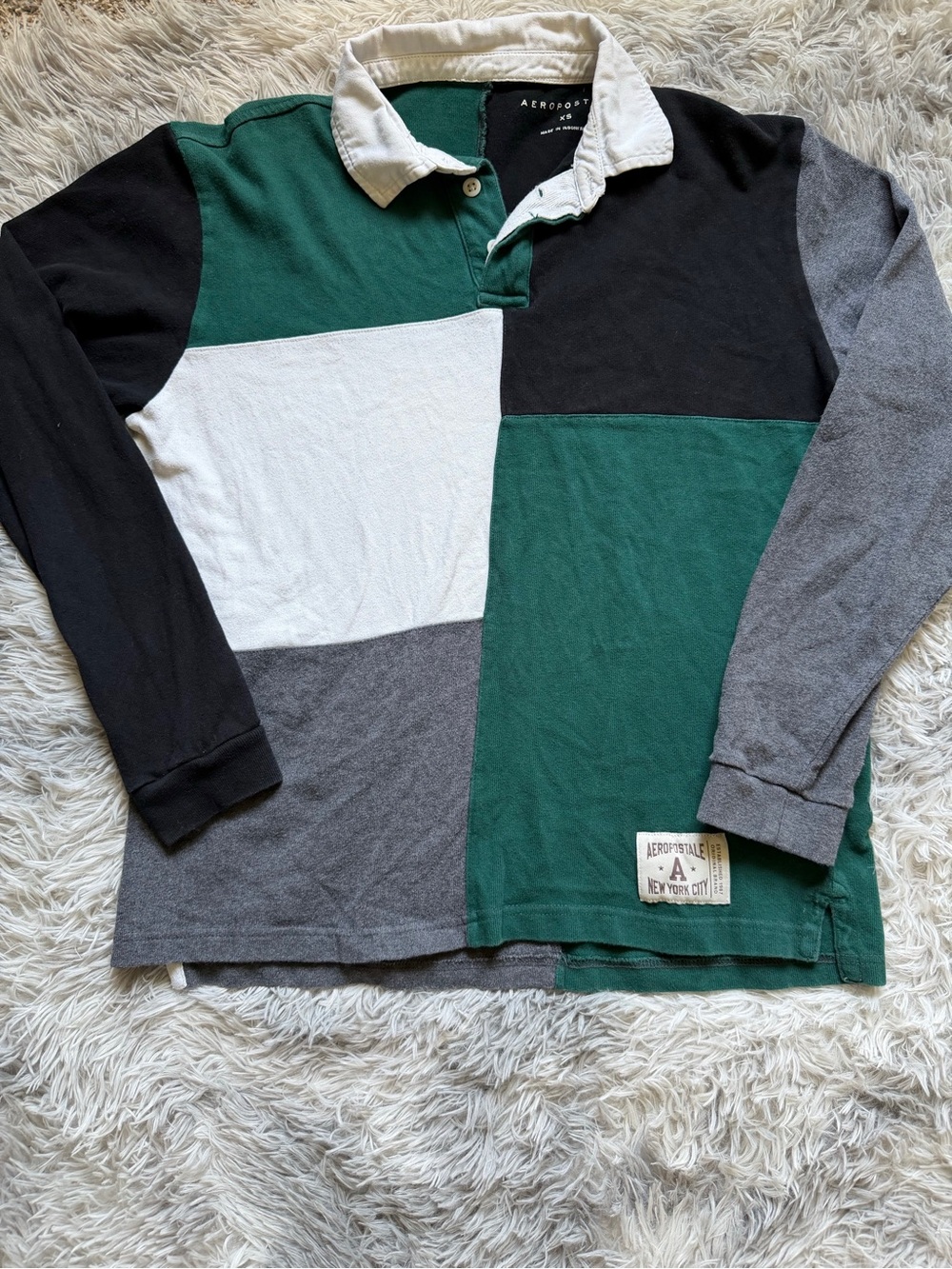 Aeropostale Green Black Gray White Patchwork Long Sleeve Rugby Shirt